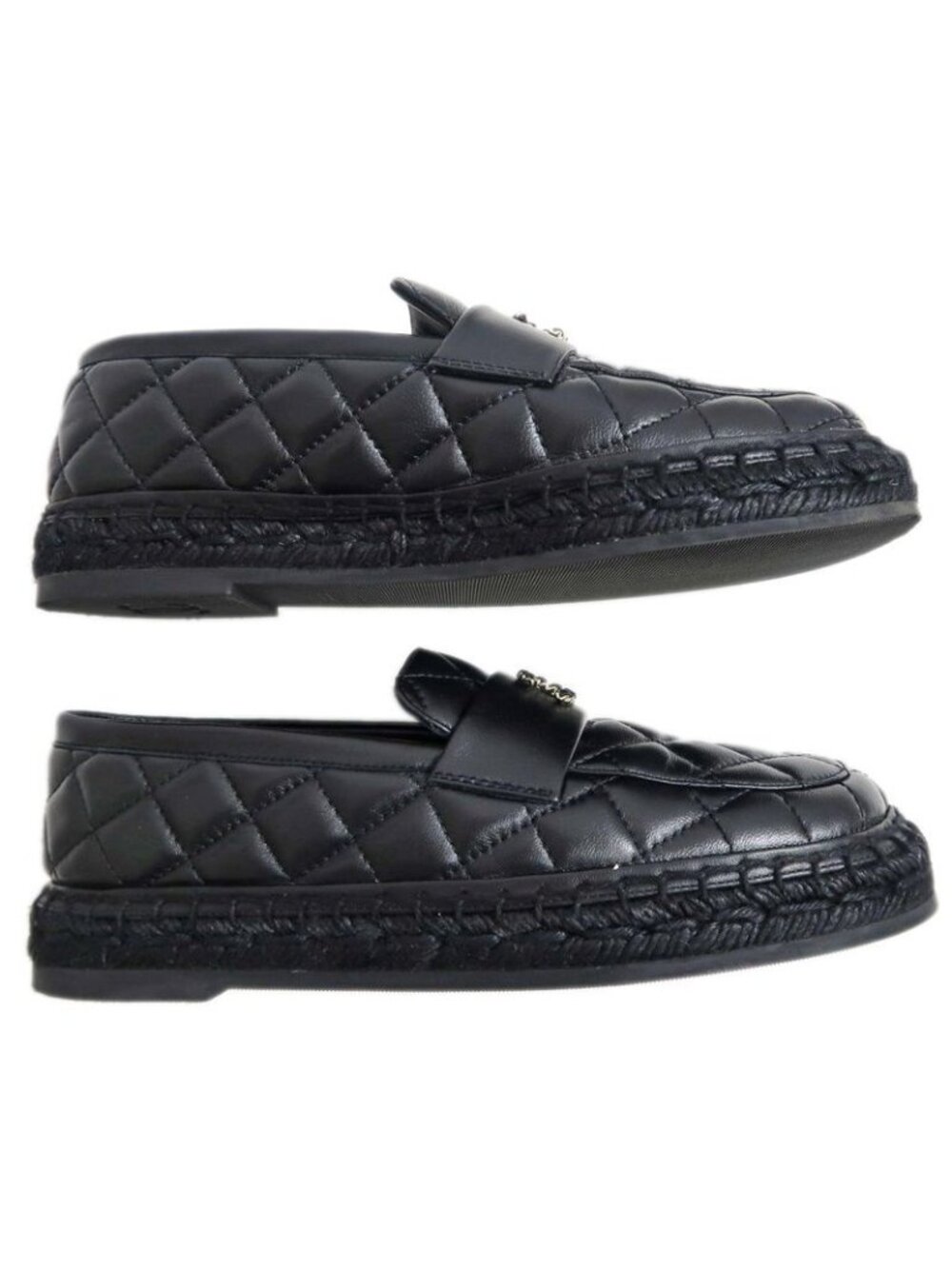 Chanel Loafers Size 37 C Lambskin Espadrilles Coco Mark Black - Picture 5 of 10